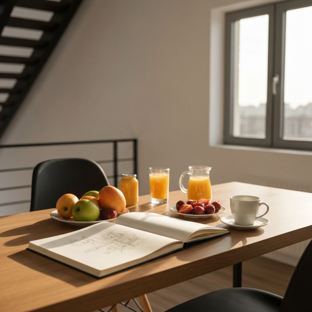 Kreativni radni prostor sa doručkom i bilješkama u prirodnoj svetlosti