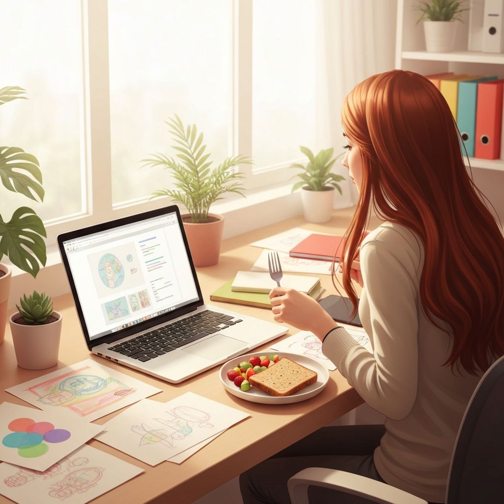 Zdravi ručak pored laptopa i skica na radnom stolu